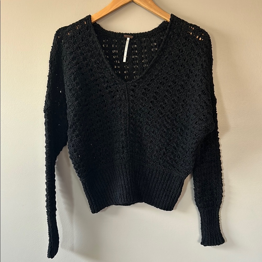 Free People Best‎ of You V-Neck Cotton Sweater Black Size XS